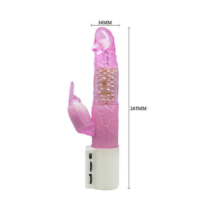 Baile Clear Vibe Pink with ergonomic design and rabbit-ear tips for clitoral stimulation, shown with measurements of 265mm x 36mm.