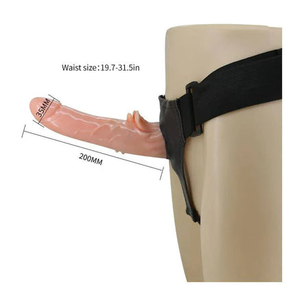 Baile Dildo Strap-On with Remote Control 18 cm, shown with dimensions and adjustable waist strap, featuring realistic veined design.