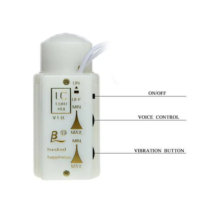 Remote control for Baile Masturbator Jessica Marie showing controls for vibration and voice control settings.