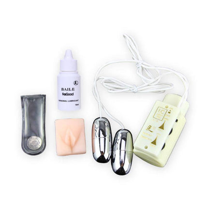 Baile Masturbator Jessica Marie with dual vibrating eggs and remote control for enhanced pleasure. Includes lubricant and storage case.
