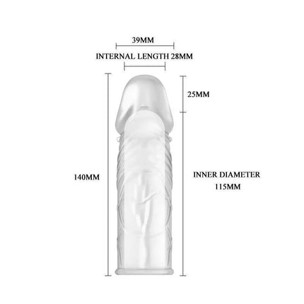 Baile Penis Sleeve Clear product image showing dimensions and transparent design for enhanced length and erections, perfect for couples.