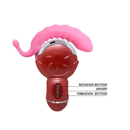 Baile Stimulator Rolling Fun II with pink G-spot design, showing rotation, on/off, and vibration buttons for targeted pleasure.