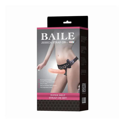 Baile Strap-On Vibrating Dildo Flesh 18.5 cm packaging with wireless remote displayed on front.