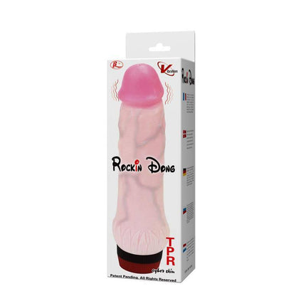 Packaging of Rockin Dong realistic vibrator with lifelike texture and pink color, TPR material, designed for adult stimulation.