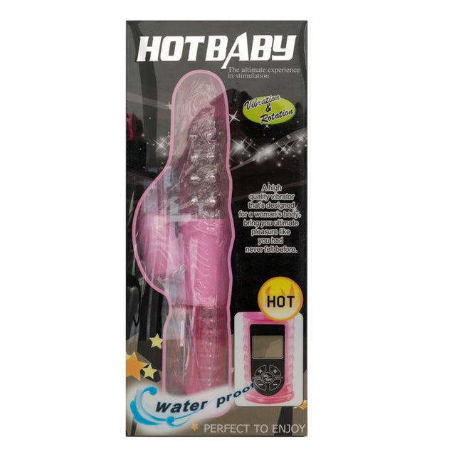 Baile Vibe Hot Baby pink vibrator in packaging with remote control, featuring 8 functions and waterproof design.