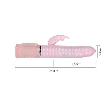 Baile Vibe Naughty Bunny realistic vibrator with warming function and detailed design, featuring measuring dimensions.