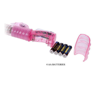Baile Vibe Pink stimulator with open battery compartment showing four AA batteries, flexible and textured design for versatile use.