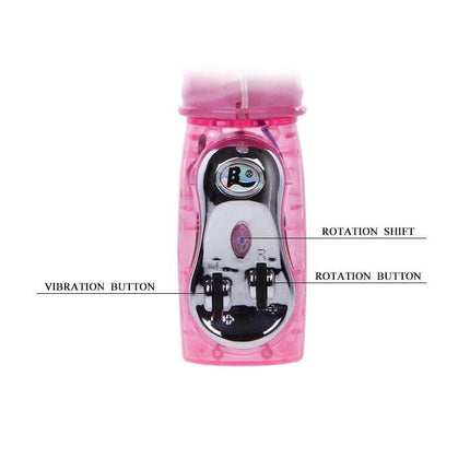 Close-up of Baile Vibe Pink control panel showing vibration and rotation buttons for customizable stimulation options.