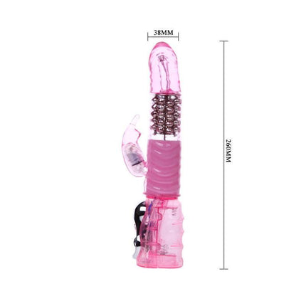 Baile Vibe Pink stimulator with insider beads and flexible design, featuring multivibration modes, 26 cm length, and 38 mm width measurements.