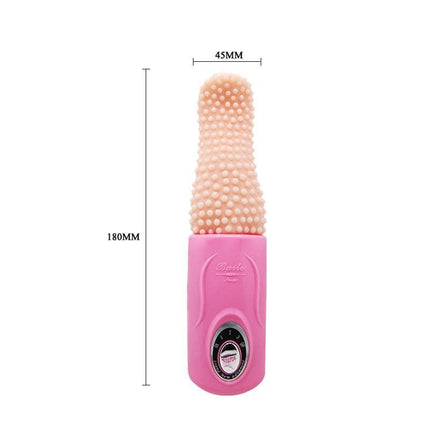 Baile Vibe with Vibrating Bullet in pink with ribbed sleeve, shown with dimensions 180mm x 45mm, offers customizable vibration functions.