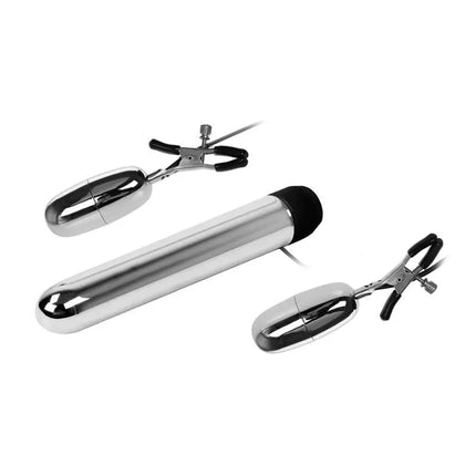 Baile Vibrating Bullet and Nipple Clamps with Vibration Set Turbo, showcasing dual-function pleasure devices.
