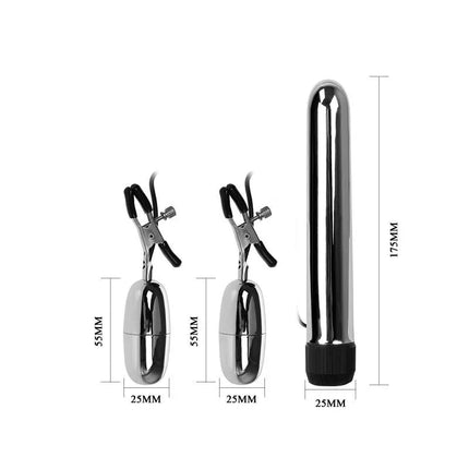 Baile Vibrating Bullet and Nipple Clamps with Vibration Set Turbo featuring sleek metal design and precise measurements.