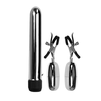 Baile Vibrating Bullet and Nipple Clamps with Vibration Set Turbo in silver finish for enhanced pleasure and intimacy.
