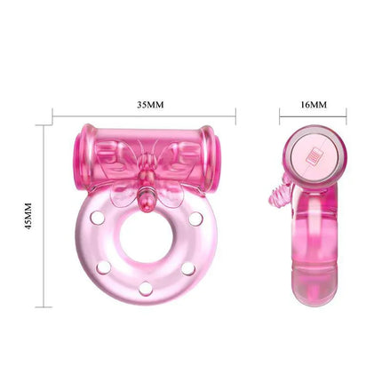 Baile Vibrating Cock Ring with Condom Pink featuring dimensions and butterfly-shaped design for enhanced pleasure.