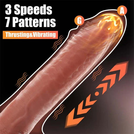 Baird Dildo with Thrusting and Vibratiion 8.07 showing 3 speeds and 7 patterns for diverse stimulation.