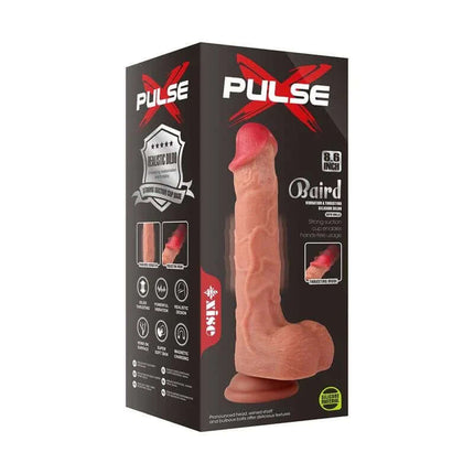 Baird Dildo with Thrusting and Vibration 8 in packaging, featuring realistic design and remote-controlled pleasure capabilities.