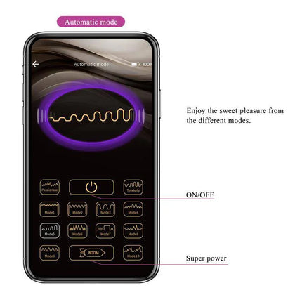 Smartphone displaying app interface for Baird G-Spot Vibrator wih App featuring various modes and controls for pleasure customization.