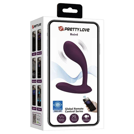 Baird G-Spot Vibrator wih App in retail packaging, ergonomic design, app-enabled control, deep sensation, velvety silicone material.