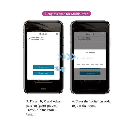 App interface for Baird G-Spot Vibrator wih App showcasing room creation and joining for multiplayer use.