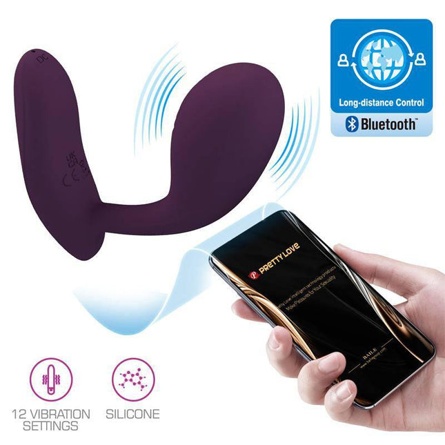 Baird G-Spot Vibrator wih App showing Bluetooth connectivity and ergonomic silicone design with phone control.