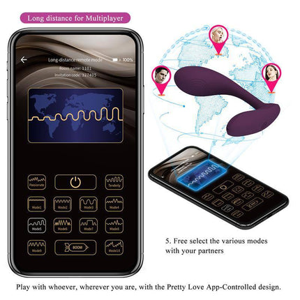 Baird G-Spot Vibrator wih App showing remote control features with app interface for versatile modes and long-distance play.