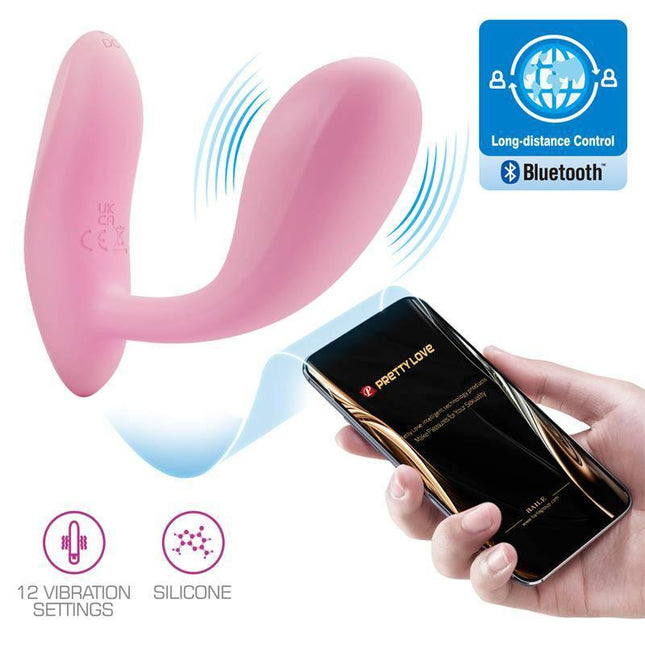 Baird Stimulador with APP Controler showing Pretty Love G-Spot vibrator and smartphone app interface with 12 vibration modes.