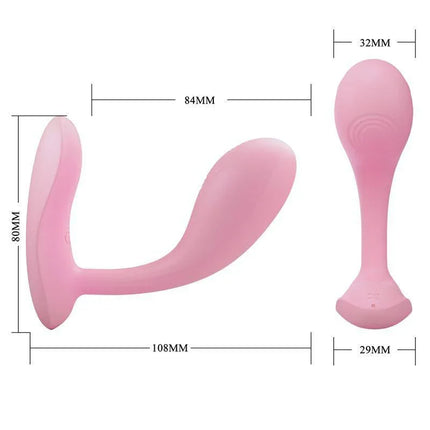 Baird Stimulador with APP Controler; ergonomic pink silicone G-Spot vibrator, dimensions shown.