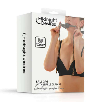 Ball Gag with Nipple Clamps packaging from Midnight Desires, featuring vegan leather materials and adjustable design.