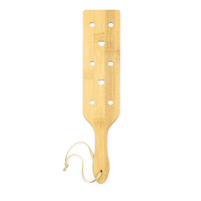 bamboo bdsm paddle with hearts, 33 cm bamboo spanking paddle with heart cutouts and wrist strap on white background