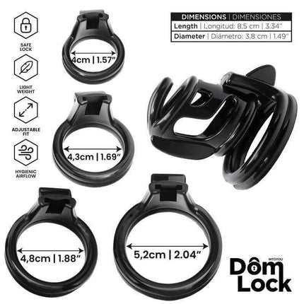 Bars Chastity Cage with Internal Lock by Domlock, featuring adjustable rings and secure locking mechanism for enhanced submission experience.