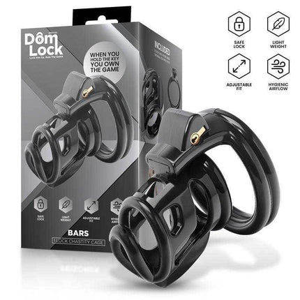Bars Chastity Cage with Internal Lock by Domlock packaging and product display.