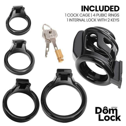 Bars Chastity Cage with Internal Lock by Domlock including rings and keys.