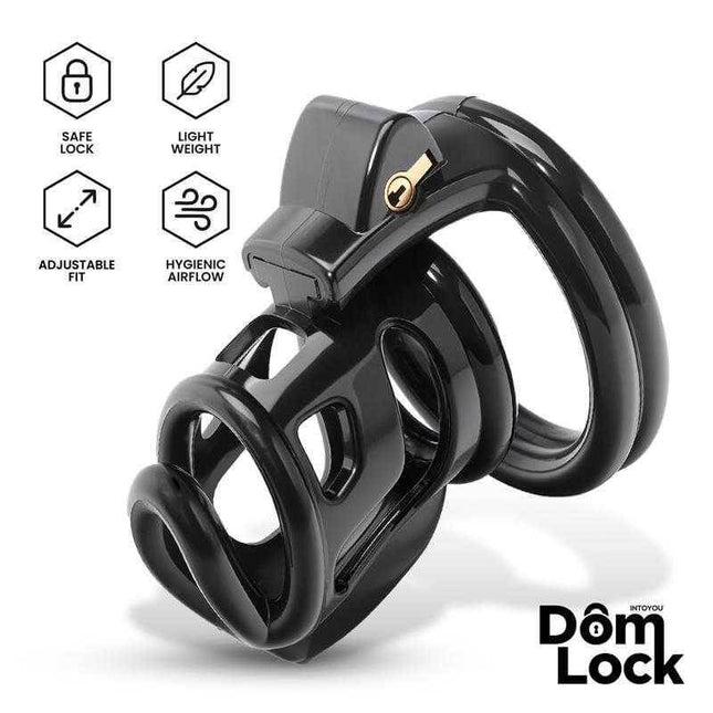 Bars Chastity Cage with Internal Lock by Domlock featuring safe lock, lightweight design, adjustable fit, and hygienic airflow.