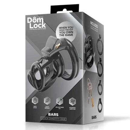 Bars Chastity Cage with Internal Lock by Domlock packaging showing black chastity device and included accessories.