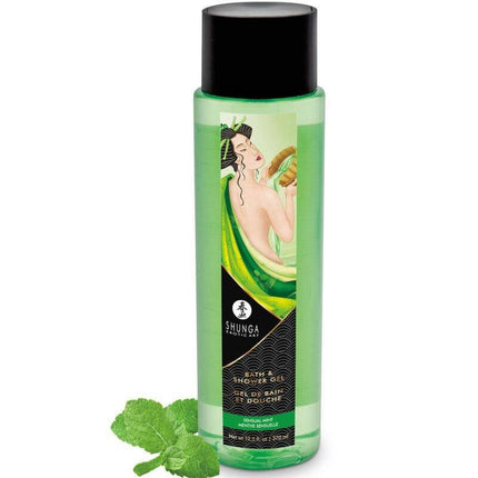Bath and Shower Gel Sensual Mint 370 ml bottle with mint leaves, luxurious cleansing with vegetable oils and vitamin E