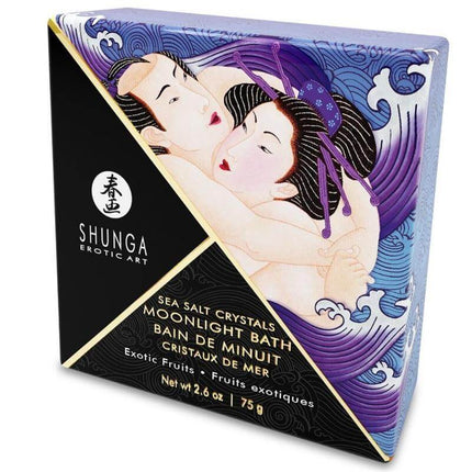 Bath Sal Exotic Fruits packaging featuring sensual Japanese art on Shunga Moonlight Bath sea salt crystals.