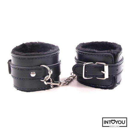 BDSM Bondage Set - 7 Pcs Furry Kit featuring black furry handcuffs for intimate play and exploration.