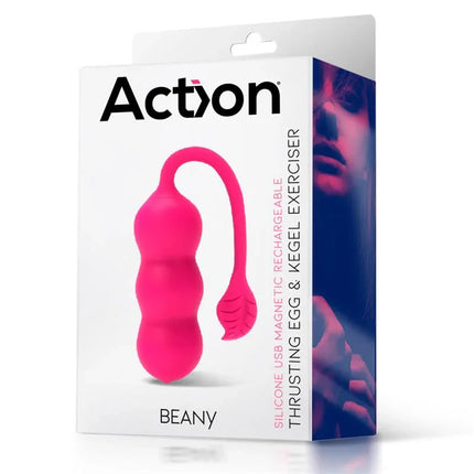 Beany Vibrating Egg and Kegel Exerciser USB Silicone packaging with pink design and product features highlighted for pelvic floor training.