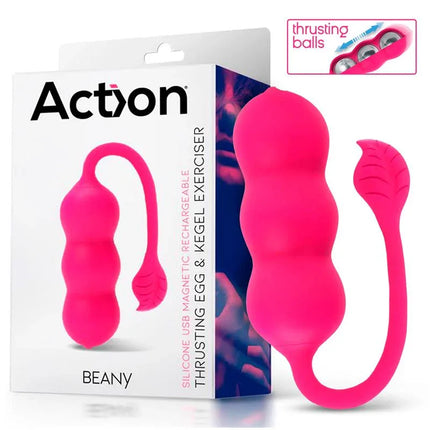 Beany Vibrating Egg and Kegel Exerciser USB Silicone in pink with packaging, featuring thrusting balls for wellness and pleasure.