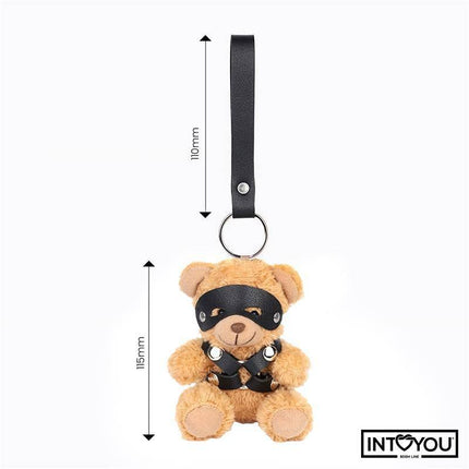 Bearly Keychain BDSM Teddy Bear with Chest Harness featuring vegan leather and detachable accessories, showcasing playful charm and rebellious style.