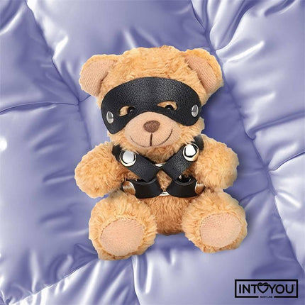 Bearly Keychain BDSM Teddy Bear with Chest Harness in vegan leather and studs, featuring a playful design on a soft purple background.