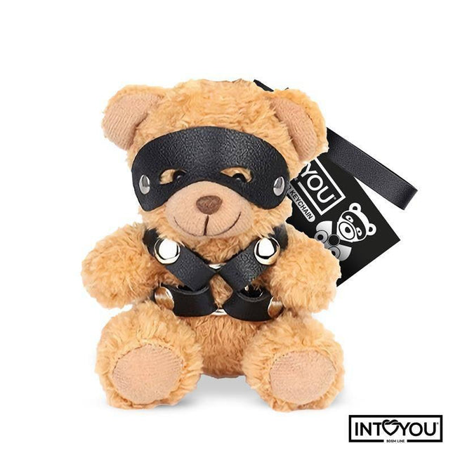 Bearly Keychain BDSM Teddy Bear with Chest Harness featuring vegan leather harness and blindfold, detachable with simple clasps.