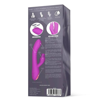 Back packaging of Beat3 Vibe G-Spot Thumping Pulsation 3 Motors showing features of triple-stimulation vibrator in pink color.