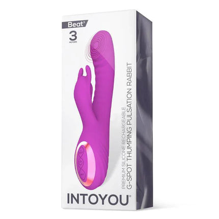 Beat3 Vibe G-Spot Thumping Pulsation 3 Motors product packaging with purple vibrator displayed; premium silicone design