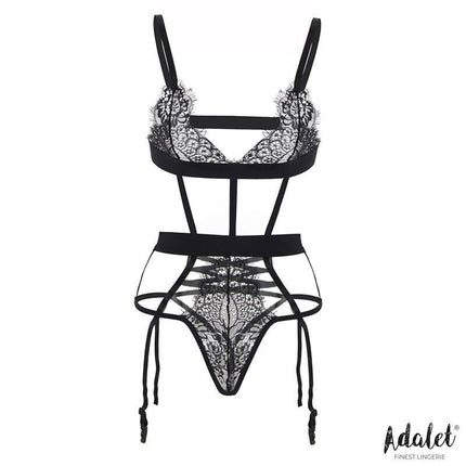 Beatrix Teddy with Garter Belt and Lace Blindfold by Adalet; black lace lingerie set featuring intricate design and adjustable straps.