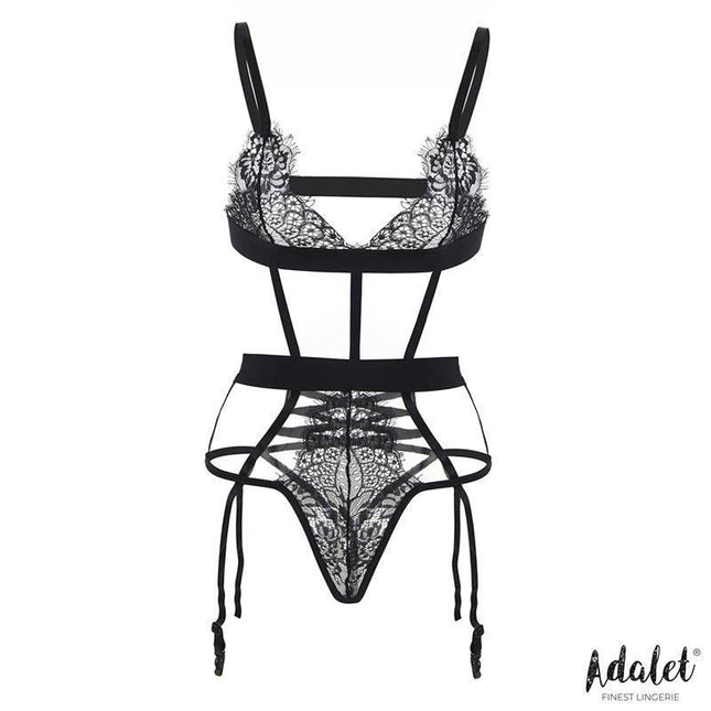 Beatrix Teddy with Garter Belt and Lace Blindfold by Adalet; black lace lingerie set featuring intricate design and adjustable straps.