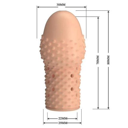 Becks Penis Sleeve, flexible and textured TPR sleeve, designed for enhanced performance and firmer erections, shown with dimensions.