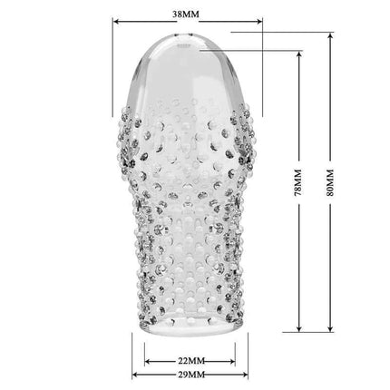 Becks Penis Sleeve clear textured TPR sleeve with dimensions, designed for comfort, flexibility, and secure fit.