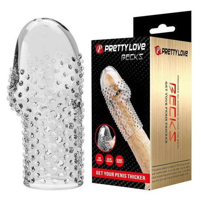 Becks Penis Sleeve product image showing clear nubby texture for enhanced intimate experiences and support for firmer erections.
