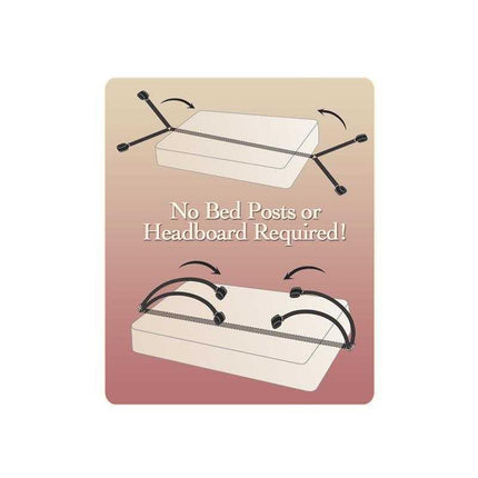 Bed Bindings Restraint Kit setup illustration without need for bed posts or headboard, showing nylon tethers under mattress.